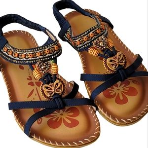 Women's Flat Sandals, Blue, Tan, Beaded. Size 10